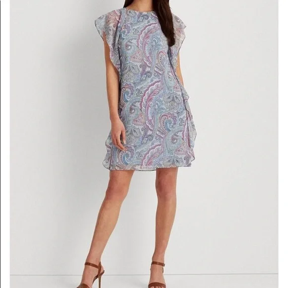ralph lauren petite cocktail dresses Lauren Ralph Lauren Petite Print Ruffle Trim Georgette Midi Dress
